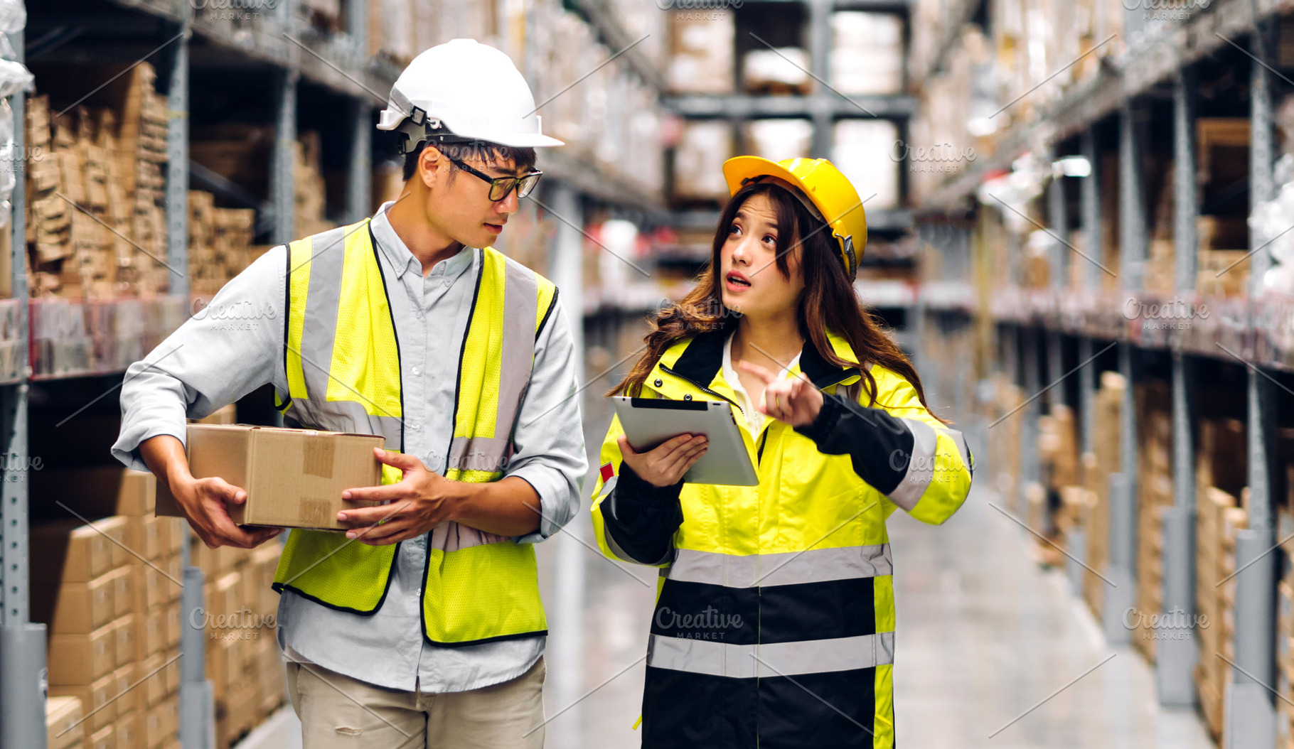 Asian two engineer team shipping order detail on tablet check go, a Person Photo by Art_Photo