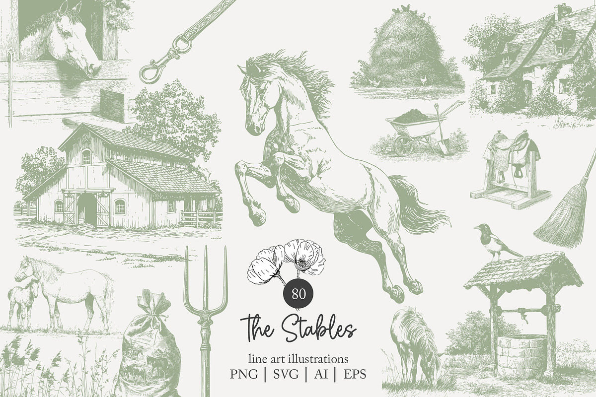 80 line art Horse Stable clip art, an Animal Illustration by Poppy Lane Studio (Photo 1 of 12)
