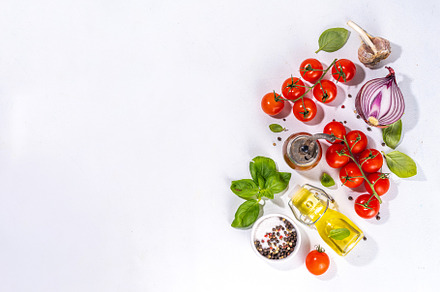 Cooking ingredient white table background, a Food & Drink Photo by Rimma