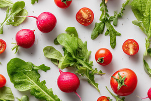 Fresh salad ingredients including lettuce and arugula displayed on a white surf, a Food & Drink Photo by AlyaAnd