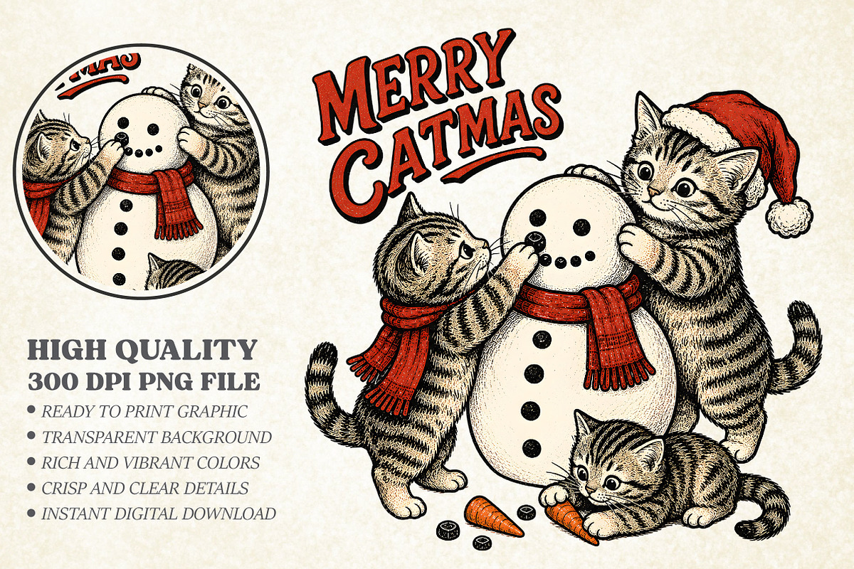 Merry Catmas Kittens and Snowman PNG, a Seasonal Illustration by Libby Wishes (Photo 1 of 4)