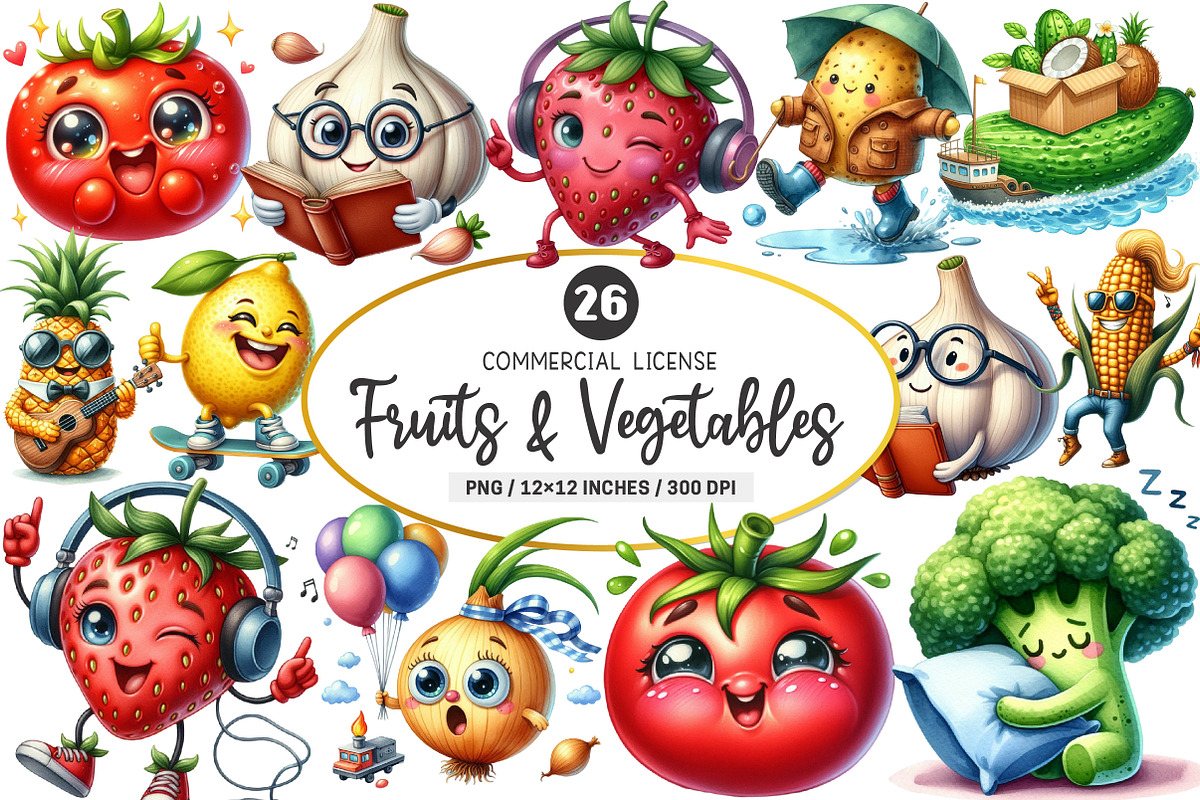 Funny Fruits & Vegetables Clipart, an Illustration by SinaCreation (Photo 1 of 5)