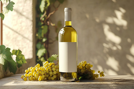 White wine bottle with grapes in sunlit vineyard setting, a Food & Drink Photo by AlyaAnd