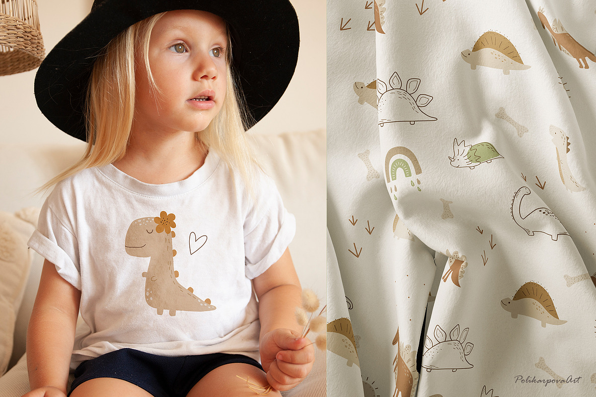 Dinosaur clipart and pattern kids, an Animal Illustration by polikarpovaart (Photo 8 of 12)