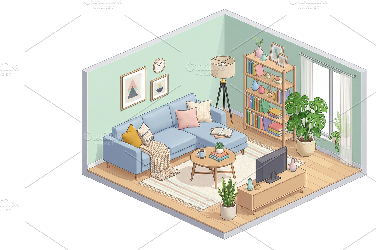 Isometric 3D render of living room, an Object Illustration by Nurlan's shop (Photo 3 of 3)