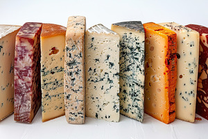 Colorful cheeses, from blue to chedd, a Photo by LOGOCREATIVE