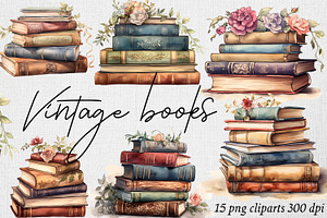 Watercolor books old vintage clipart