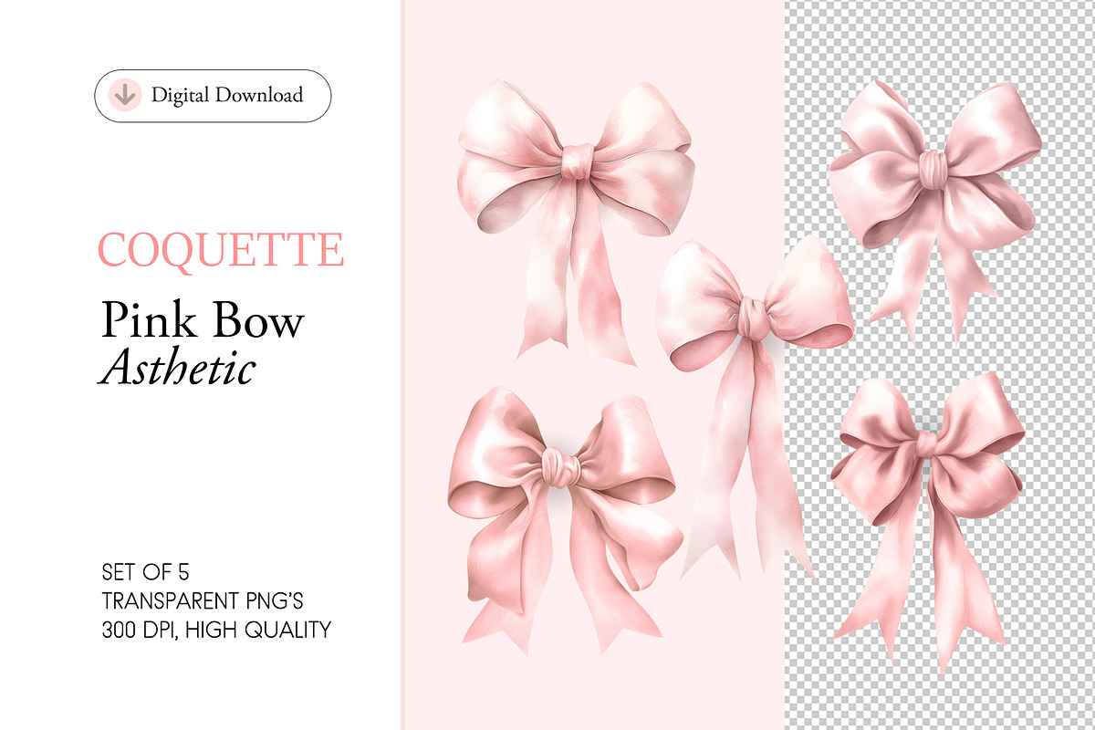 Cute Pink Coquette Bows, 5 PNG's, an Object Graphic by HaywireMedia & Mockups (Photo 1 of 3)