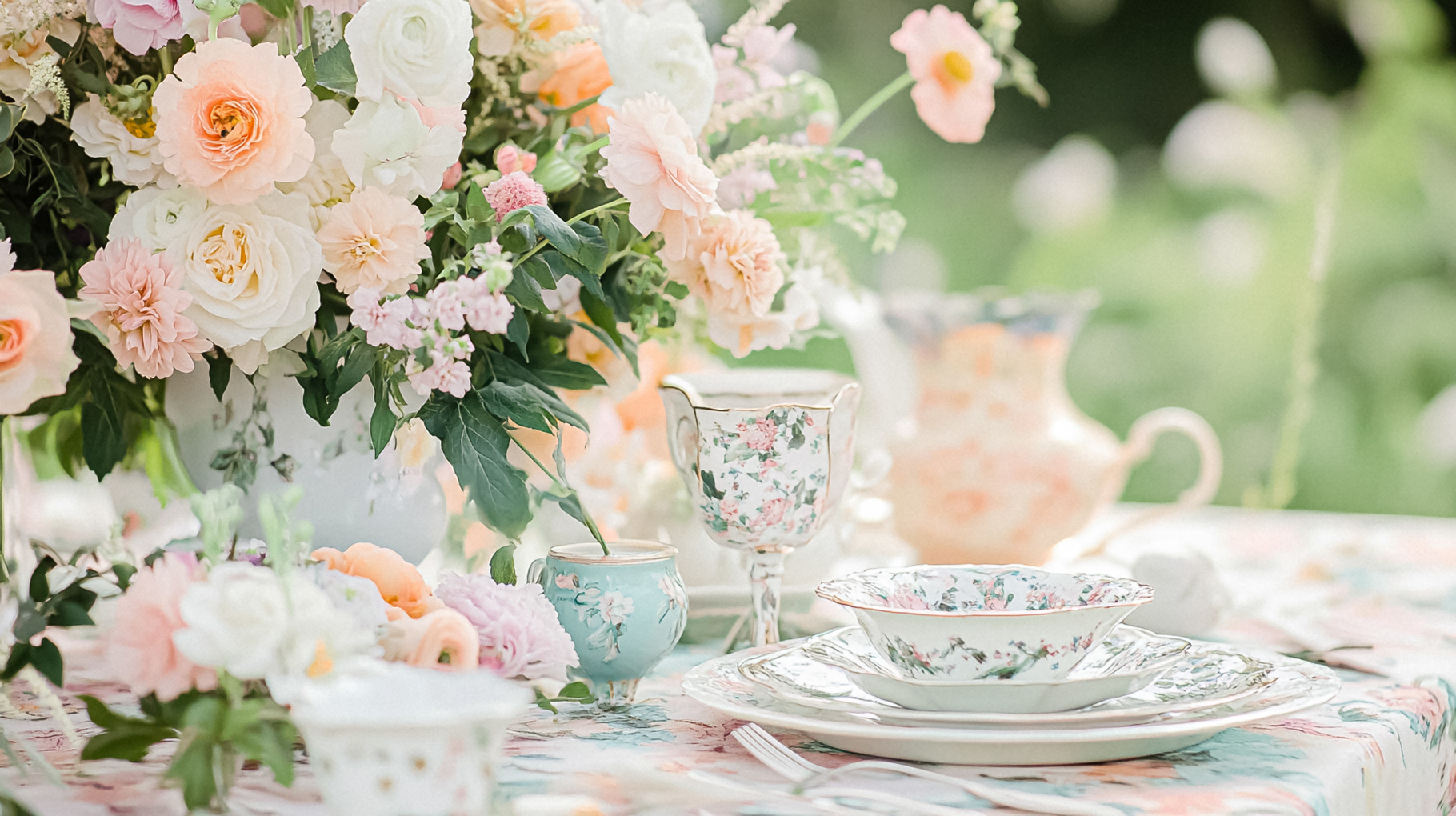 Elegant English afternoon tea setting in the countryside garden, a ...