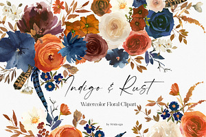 Indigo & Rust Boho Floral Clipart