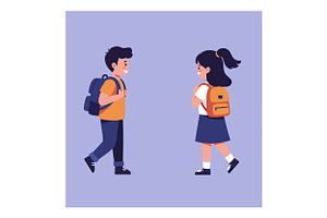 Two cheerful children walking toward, an Illustration by designvectx