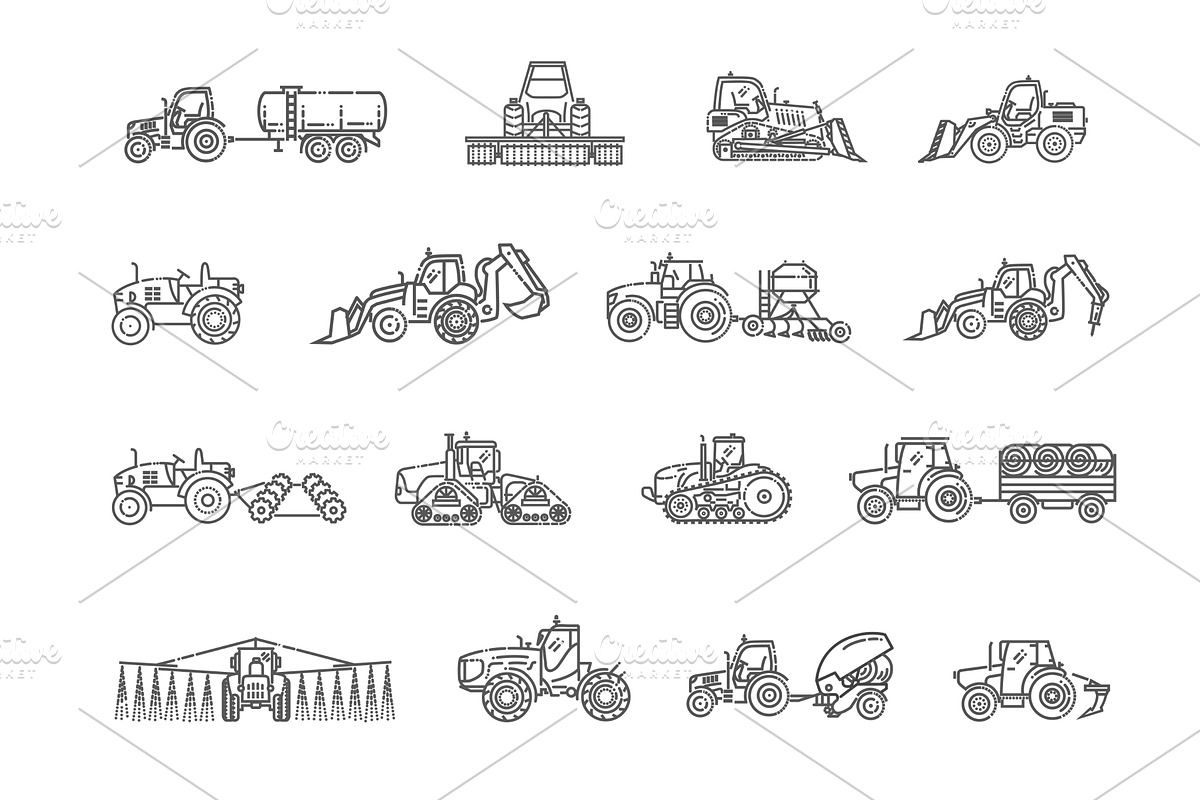 Set line icons of tractors, an Illustration by Tettygreen