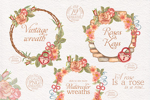 Watercolor Wreaths Set. Roses & Keys