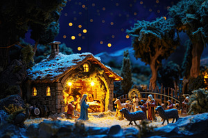 A nativity scene featuring a manger, a Photo by Iftikhar Alam