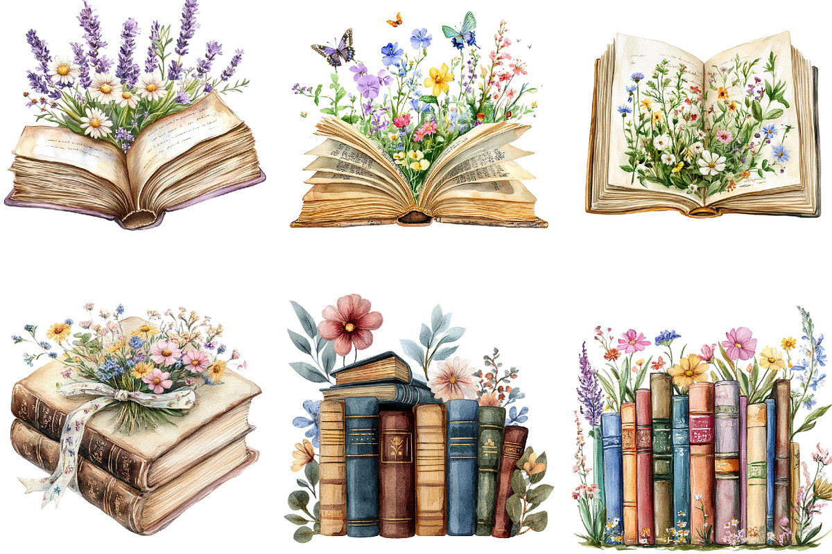 Wildflower Books Watercolor Clipart, an Illustration by Designking (Photo 3 of 5)