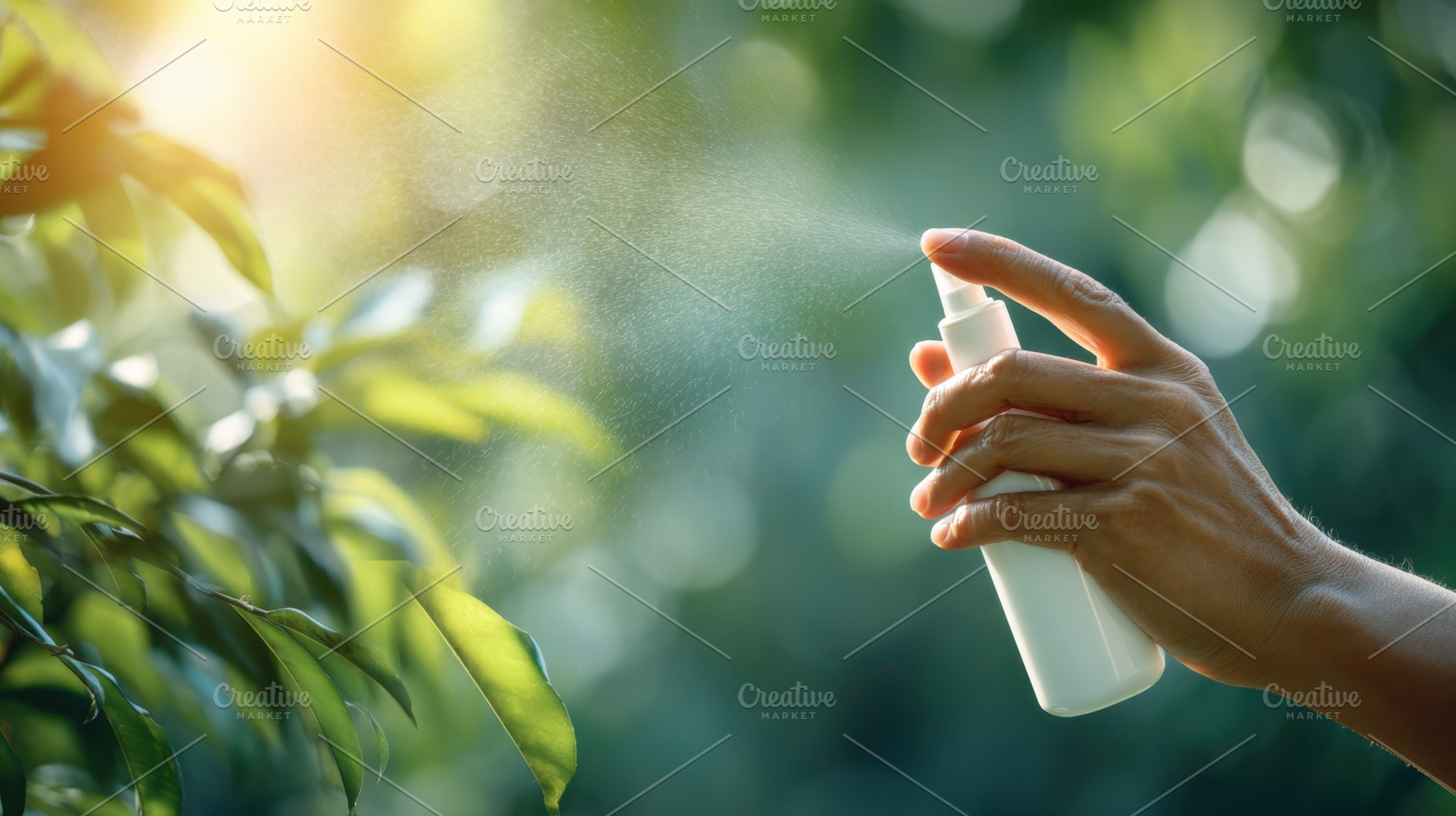 Hand sprays bottle on green plants, a Photo by Beautiful things