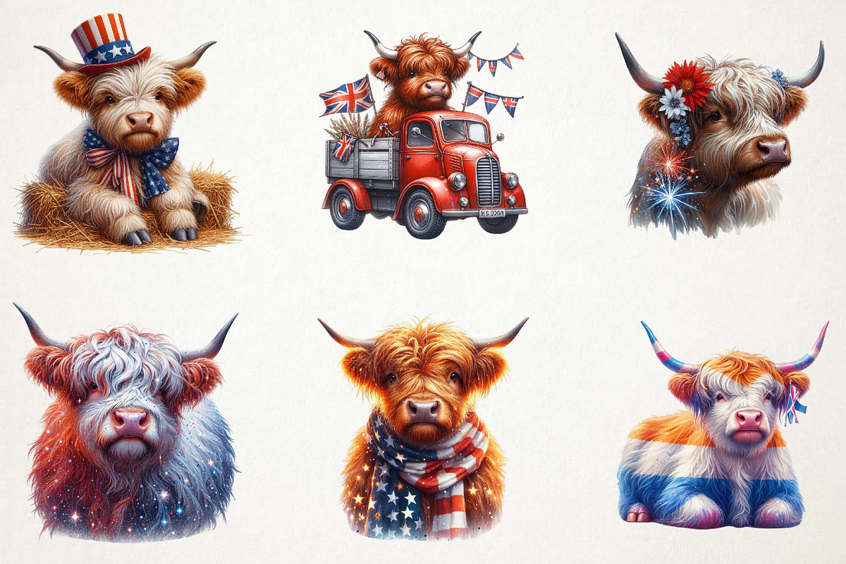 4th July Highland Cow Sublimation PN, a Seasonal Illustration by RobertsArt (Photo 6 of 7)