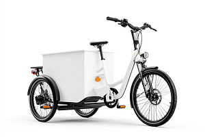 Side view of a delivery bike with an empty cargo box ready for transport, a Photo by AlyaAnd