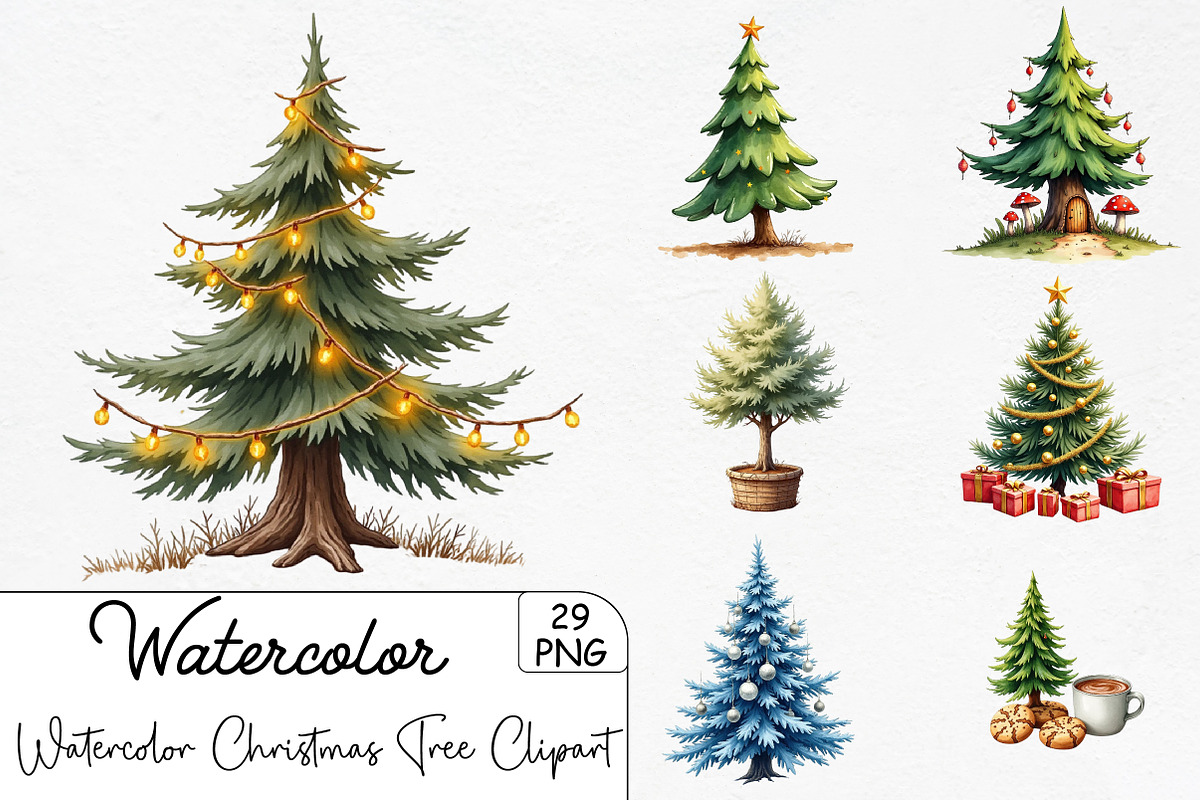 Watercolor Christmas Tree Clipart Bu, an Illustration by CrexoraLab (Photo 1 of 5)