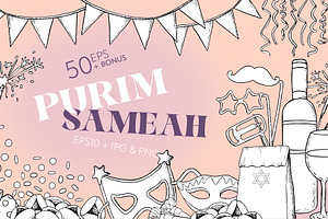 Happy Purim Line Vector Clipart
