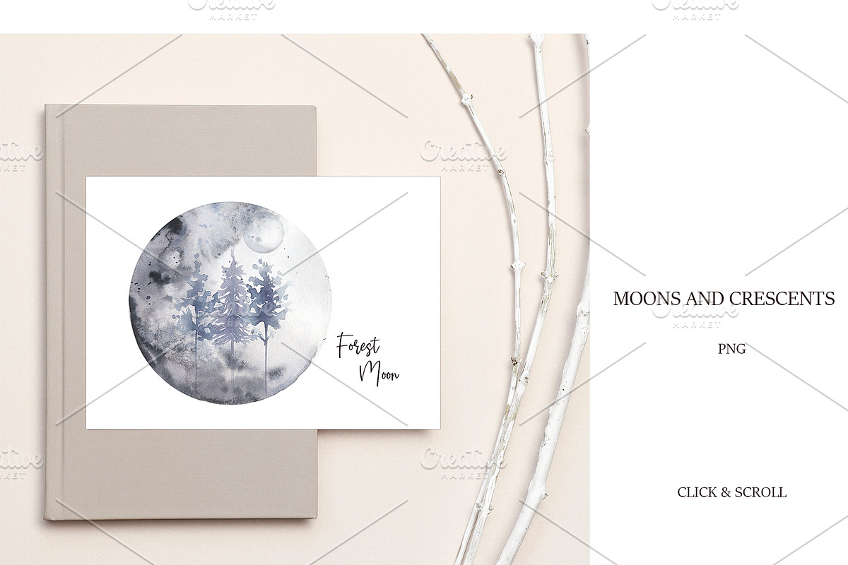 Watercolor Forest Moon Set, a Decorative Illustration by MayaNavits (Photo 2 of 4)