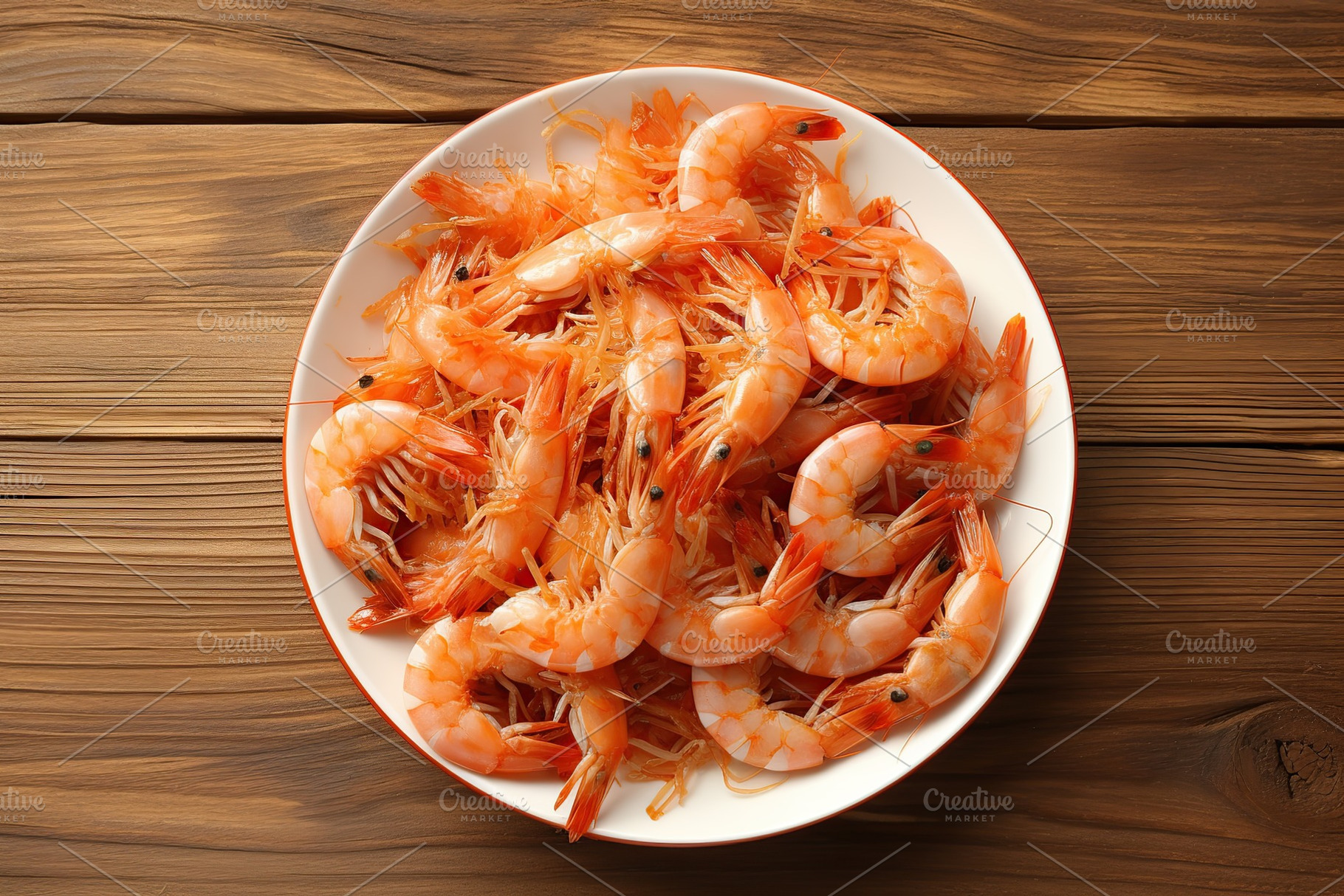Fresh shrimps in plate on wooden table, a Food & Drink Photo by AlyaAnd