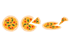 Whole and slice pizzas with salami, a Food Illustration by Vectorbuum