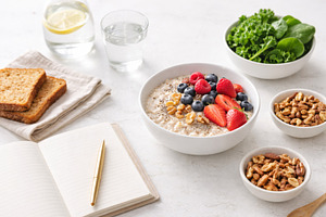 Healthy breakfast with oatmeal toppe, a Photo by Dvoevnore photos