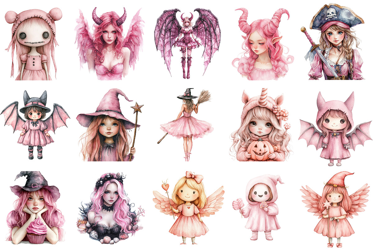 Pink girls Halloween Clipart, an Illustration by SinaCreation (Photo 2 of 5)
