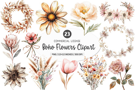 Watercolor Boho Flowers Clipart, an Illustration by SinaCreation