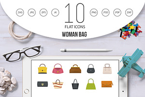 Woman Bag Icon Set, Flat Style