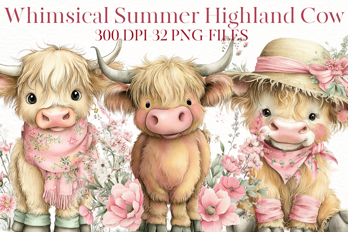 Whimsical Summer Highland Cow Clipar, an Illustration by Designworld (Photo 1 of 8)