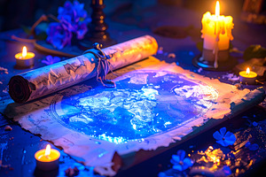Glowing parchment map with scroll surrounded by candlelight, a Holiday Photo by GoodGoods