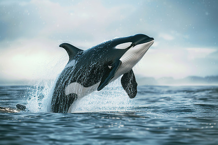 Killer whale jumping from blue pacific ocean, an Animal Photo by AlyaAnd