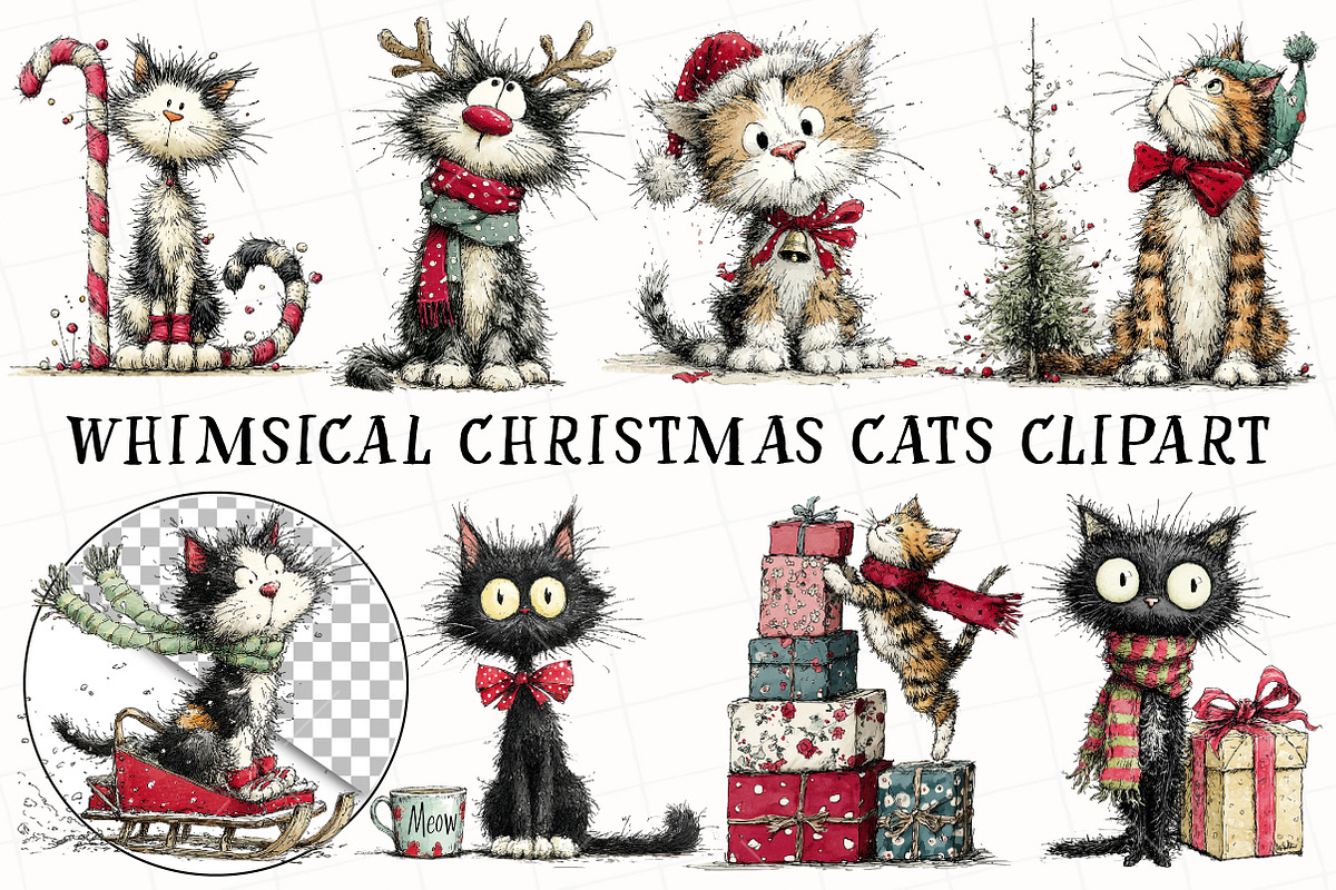 Whimsical Christmas Cats Clipart, an Illustration by OK Design (Photo 2 of 6)