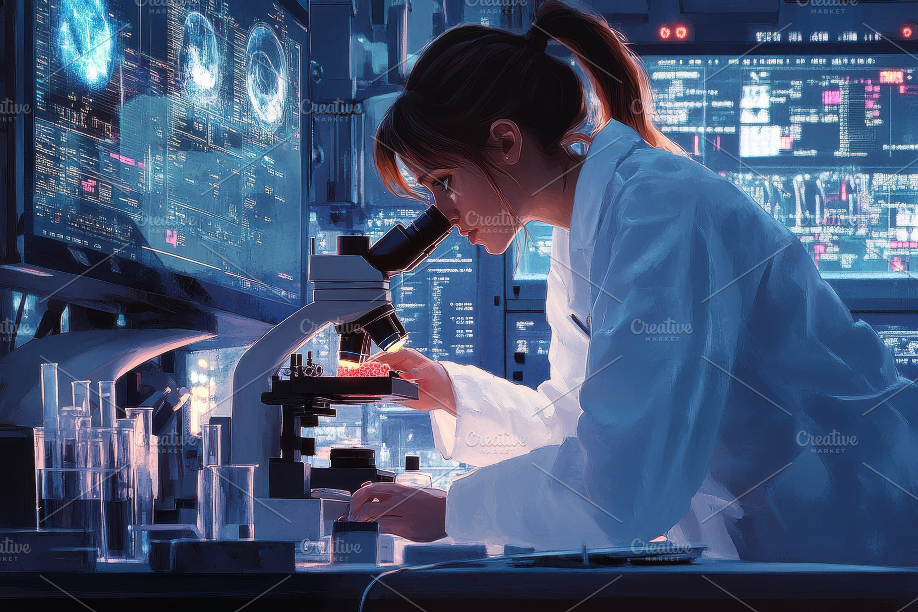 Female Scientist Microscope Lab Rese, a Health & Medical Photo by Pixeness Studio