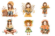 Girls with Fall Flowers Clipart, an Illustration by CreationArt (Thumbnail 3 of 4)