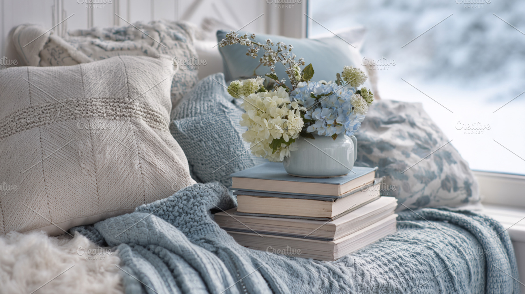 Winter hygge window seat creating a cozy reading nook with pillo, a Photo by Studio ANNA