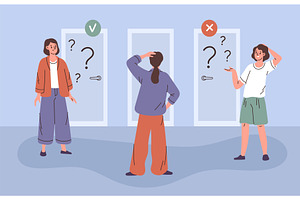 Choosing right door. Women solve, a Person Illustration by YummyBuum