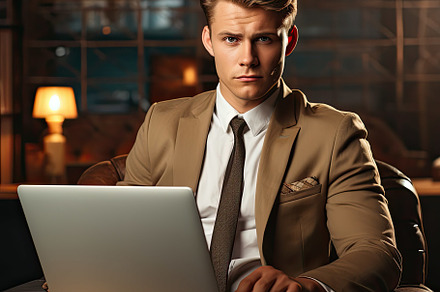 Young business man using laptop on o, a Photo by SaroStock