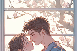 Romantic Couple Embracing Near Blooming Magnolia Tree in Springtime, an Illustration by AS photostudio