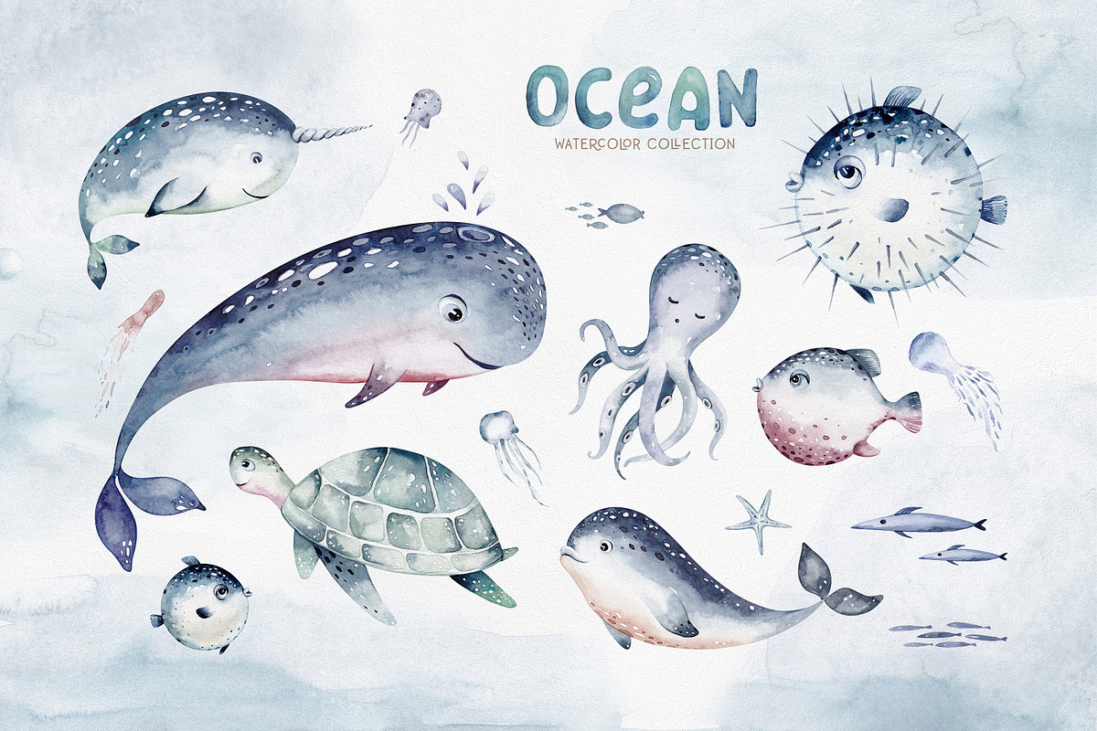 Ocean watercolor set, an Animal Illustration by Peace ART (Photo 2 of 12)