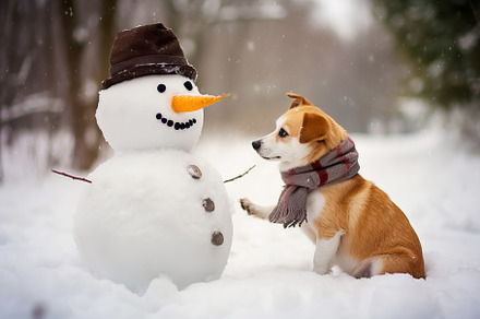 Cute dog in scarf and snowman in winter forest, an Animal Photo by colnihko