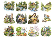Spring Cottages House Clipart, an Illustration by DreamArtGraphic (Thumbnail 2 of 4)