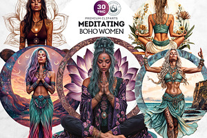 Boho woman meditating Clipart set, a Person Illustration by ThatsDesignArt