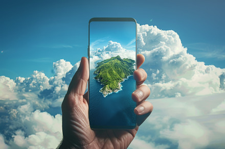 A hand presents a smartphone showing, a Photo by Tanuart
