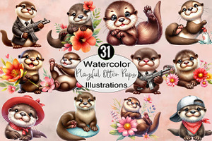 Watercolor Playful Otter Pups Subli, an Illustration by SVGArt