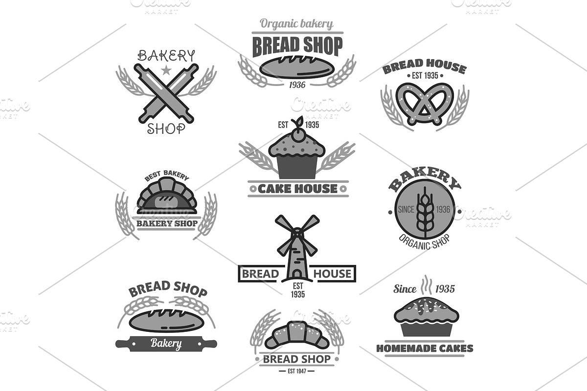 Bakery icons of bread, wheat ears and mill, a Graphic by Vector Tradition