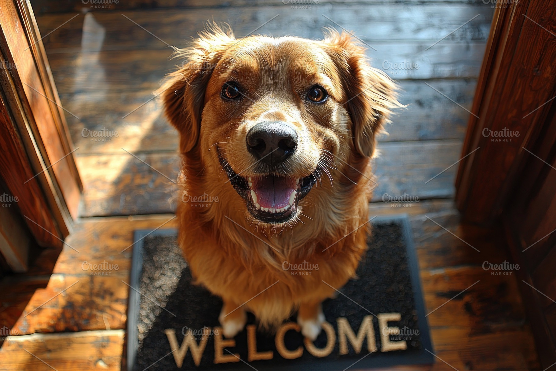 Happy brown dog sitting on a welcome mat in front of rustic wood, an Animal Photo by José Manuel Gelpi