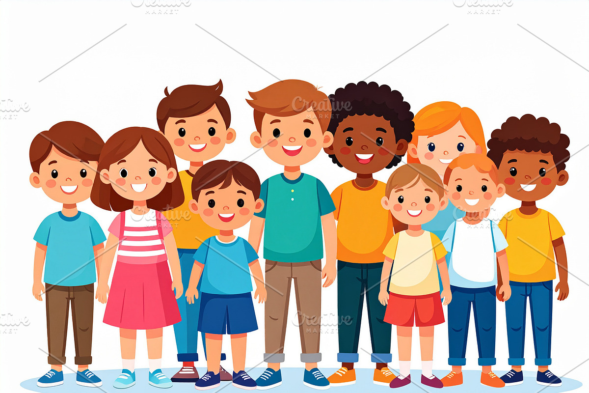 Illustration of diverse children standing together, smiling, in, a Person Illustration by DanFLCreativo